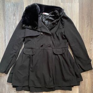 Black Double-Breasted Women's Princess Pea Coat with Fur Trim Size‎ Medium